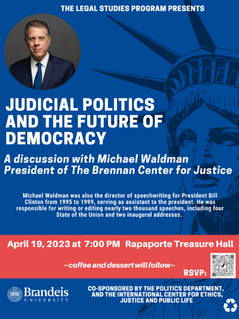 Blue event poster with a background image of the Statue of Liberty, featuring a photo of Michael Waldman in navy suit with a white button down shirt and dark blue tie.
