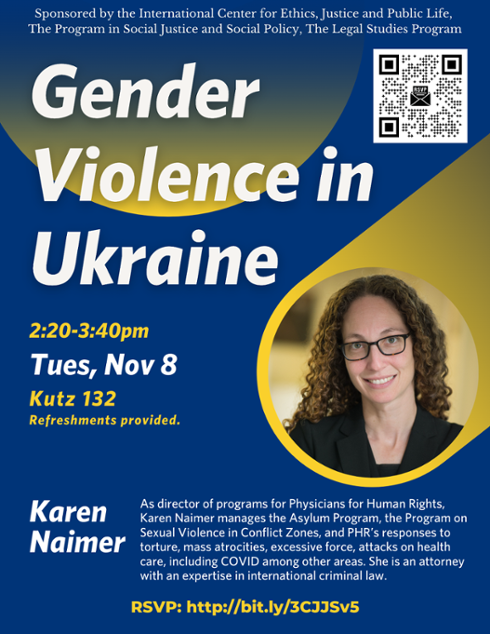 Event Flier, blue and yellow background with event details RSVP QR code and photograph of Karen Naimer, smiling with long curly brown hair and tortoiseshell glasses, wearing a black suit.