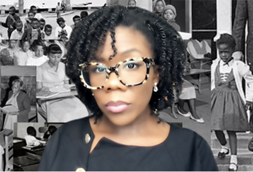 A picture of Dr. Tanishia Lavette Williams with background collage of black and white historical images of African American students and teachers in classes.