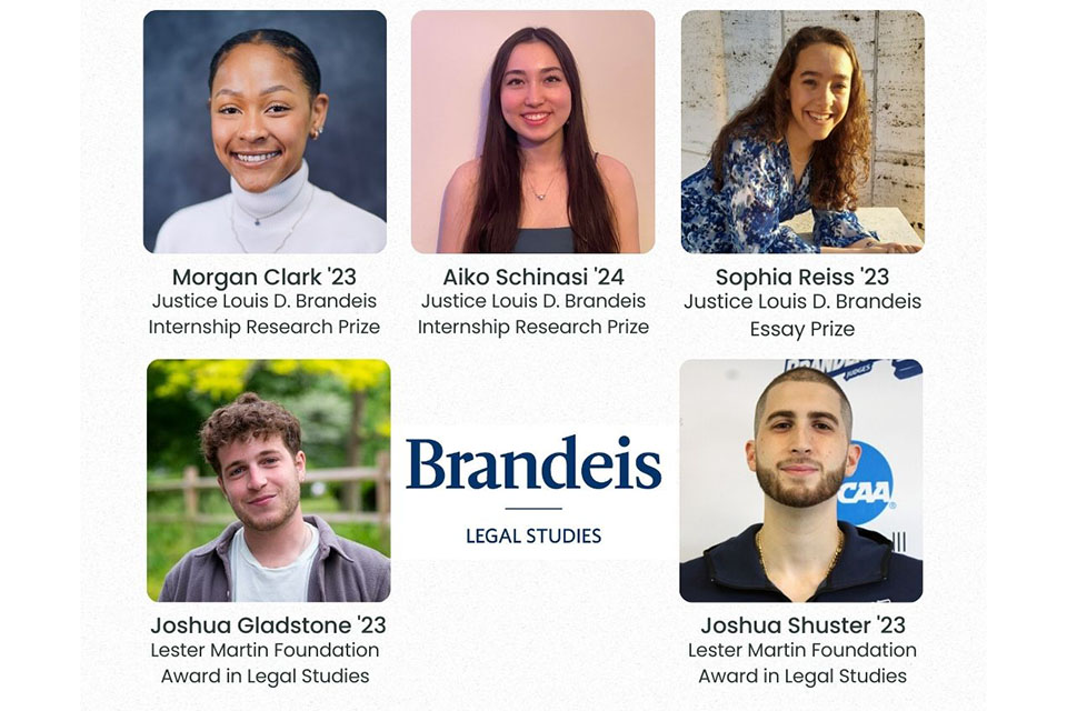 Collage depicting Spring 2023 Legal Studies Prize winners Morgan Clark '23, Aiko Schinasi '24, Sophia Reiss '23, Joshua Gladstone '23, and Joshua Shuster '23