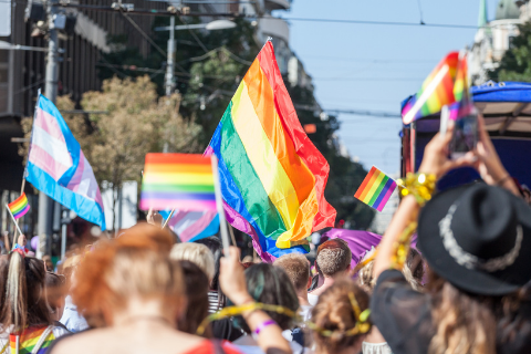 People marching down a street carrying pride flags
