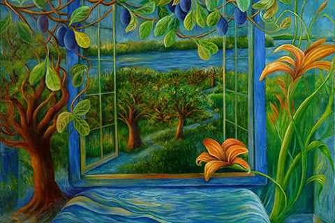 Painting of river and window, cover image for The Inner Peace Outer Peace Reader
