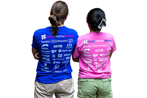 Two people with their backs to the camera, wearing t-shirts with various logos and text. One person is in a blue t-shirt, and the other is in a pink t-shirt. The t-shirts have the phrase “# HACK/WITH/IMPACT” printed at the top, followed by logos of companies and organizations such as “Brandeis,” “PEGA,” “MITRE,” and others. 