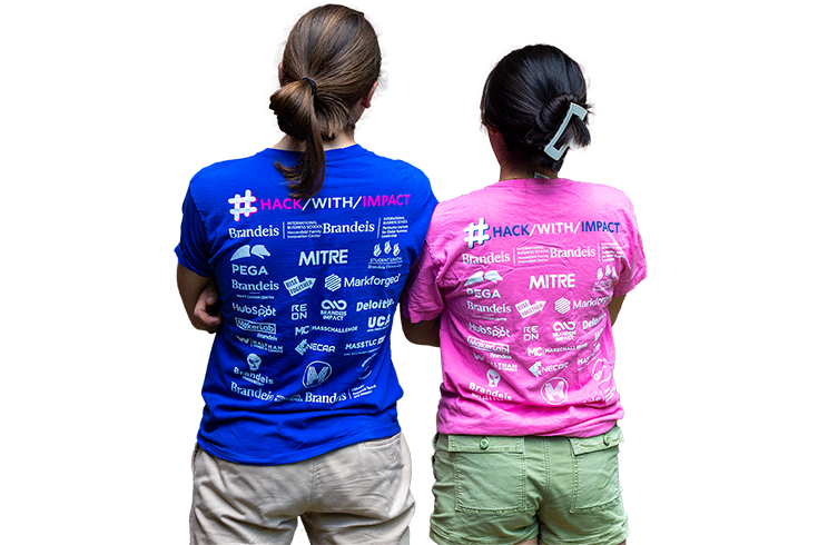 Two people with their backs to the camera, wearing t-shirts with various logos and text. One person is in a blue t-shirt, and the other is in a pink t-shirt. The t-shirts have the phrase “# HACK/WITH/IMPACT” printed at the top, followed by logos of companies and organizations such as “Brandeis,” “PEGA,” “MITRE,” and others. 