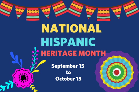 Blue background with colorful banner and flowers: Text reads : National Hispanic Heritage Month September 15 to October 15