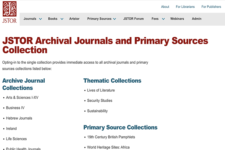 A screenshot of the JSTOR collections website.