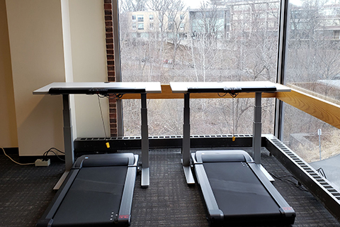 Treadmill desks at window