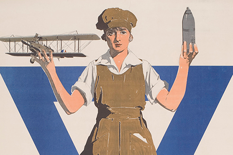 Illustration of woman holding a plane and missile