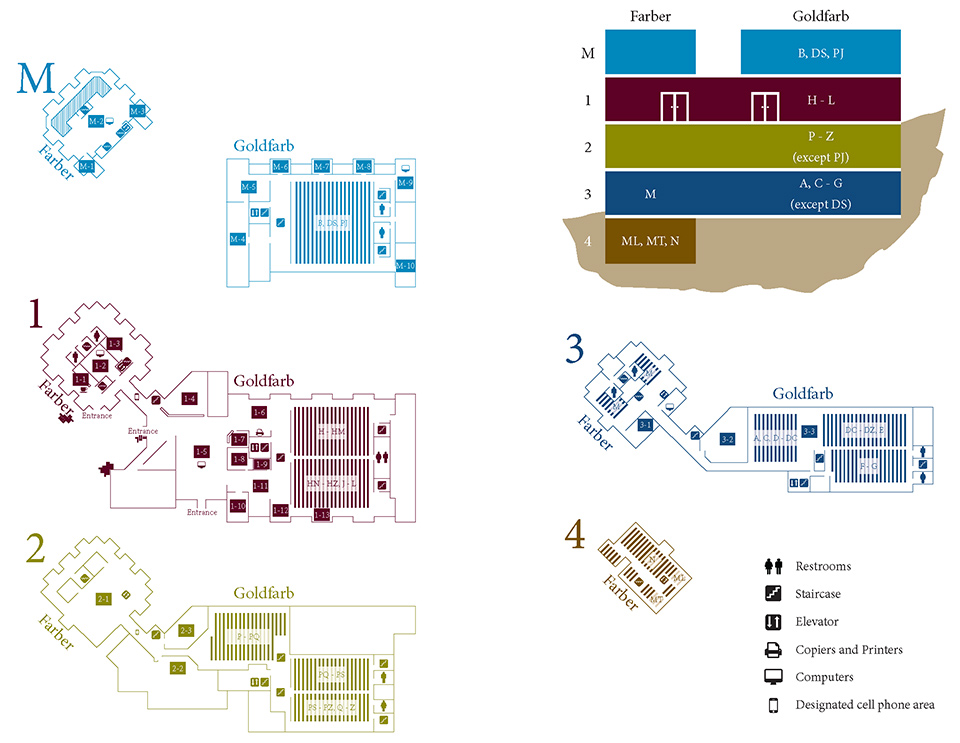 Floorplans of Goldfarb and Farber libraries. A text-only walk through of the libraries is also available on this page.