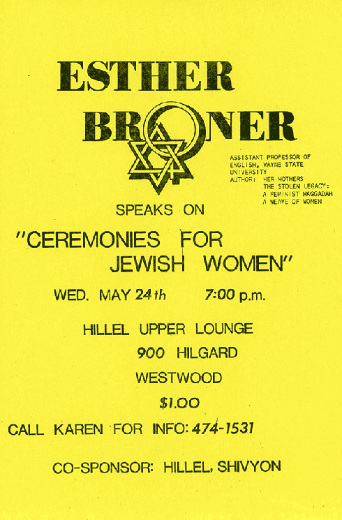 Yellow flyer for Esther Broner's talk, "Ceremonies for Jewish Women"