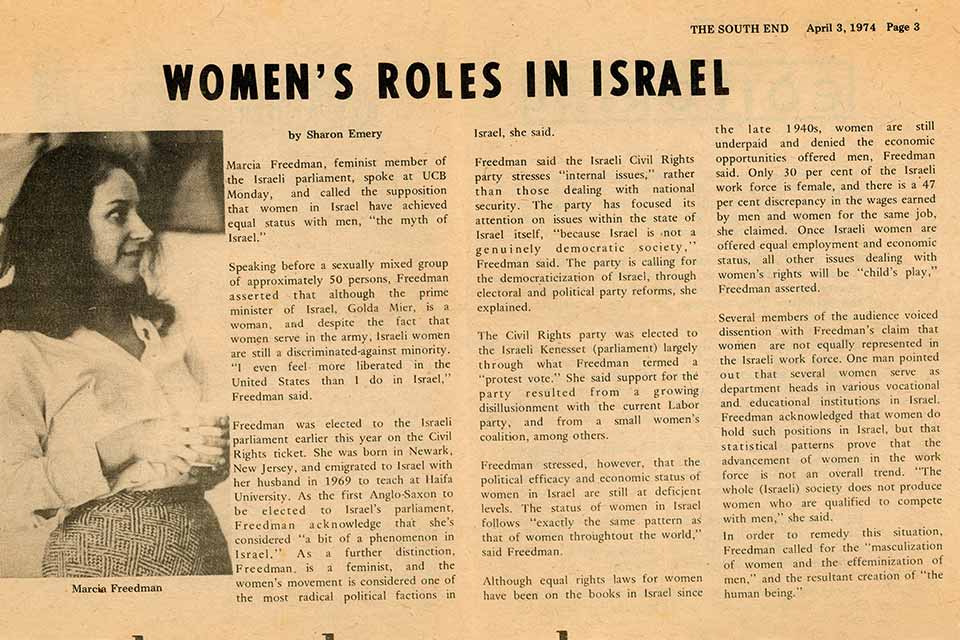 News clipping of story with a photo of Marcia Freedman