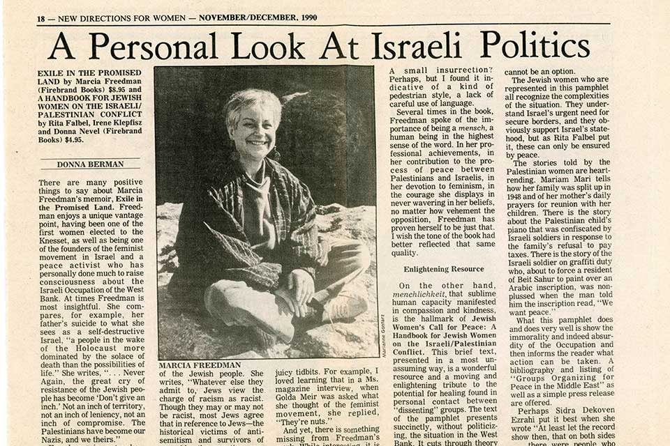 Newspaper clipping of article in New Directions for Women from November and December 1990 about Marcia Freedman entitled “A Personal Look at Israeli Politics”