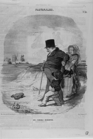 Honoré Daumier Lithograph from the series "Pastorales" depicting a couple and young child on a walk encountering a turtle on their path.