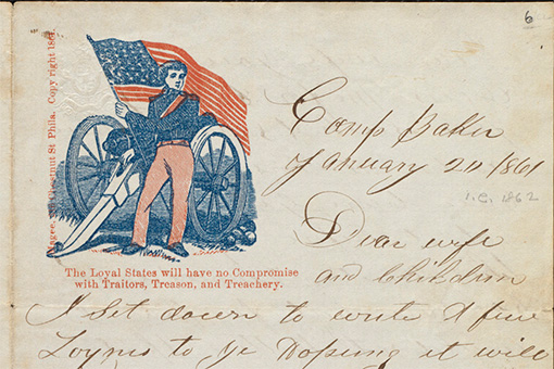 A Civil War letter, upper part of the page with graphic of a soldier standing in front of a cannon holding a flag