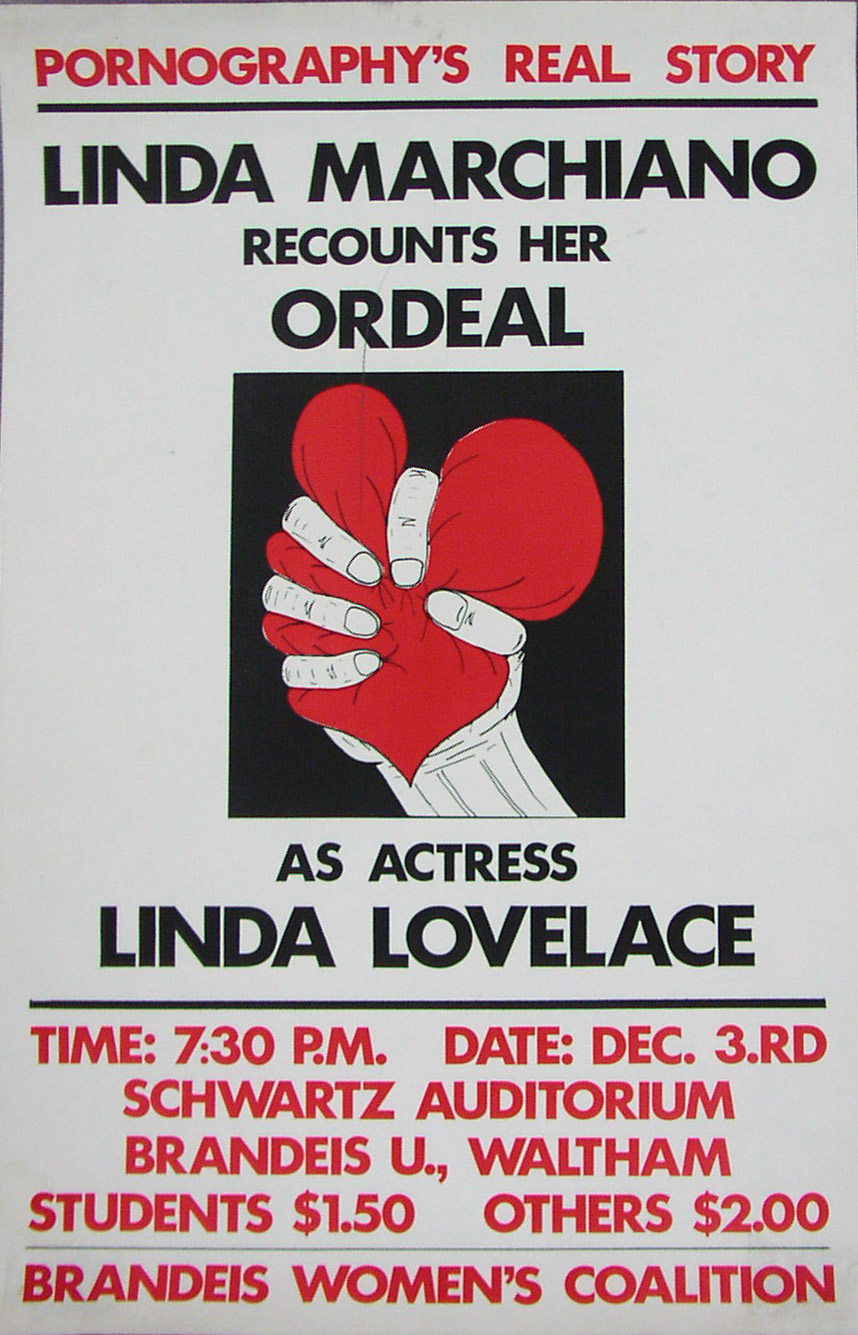 Poster for event "Pornography's Real Story" Linda Marchiano Recounts Her Ordeal as Actress Linda Lovelace with illustration of a hand squeezing a red heart.