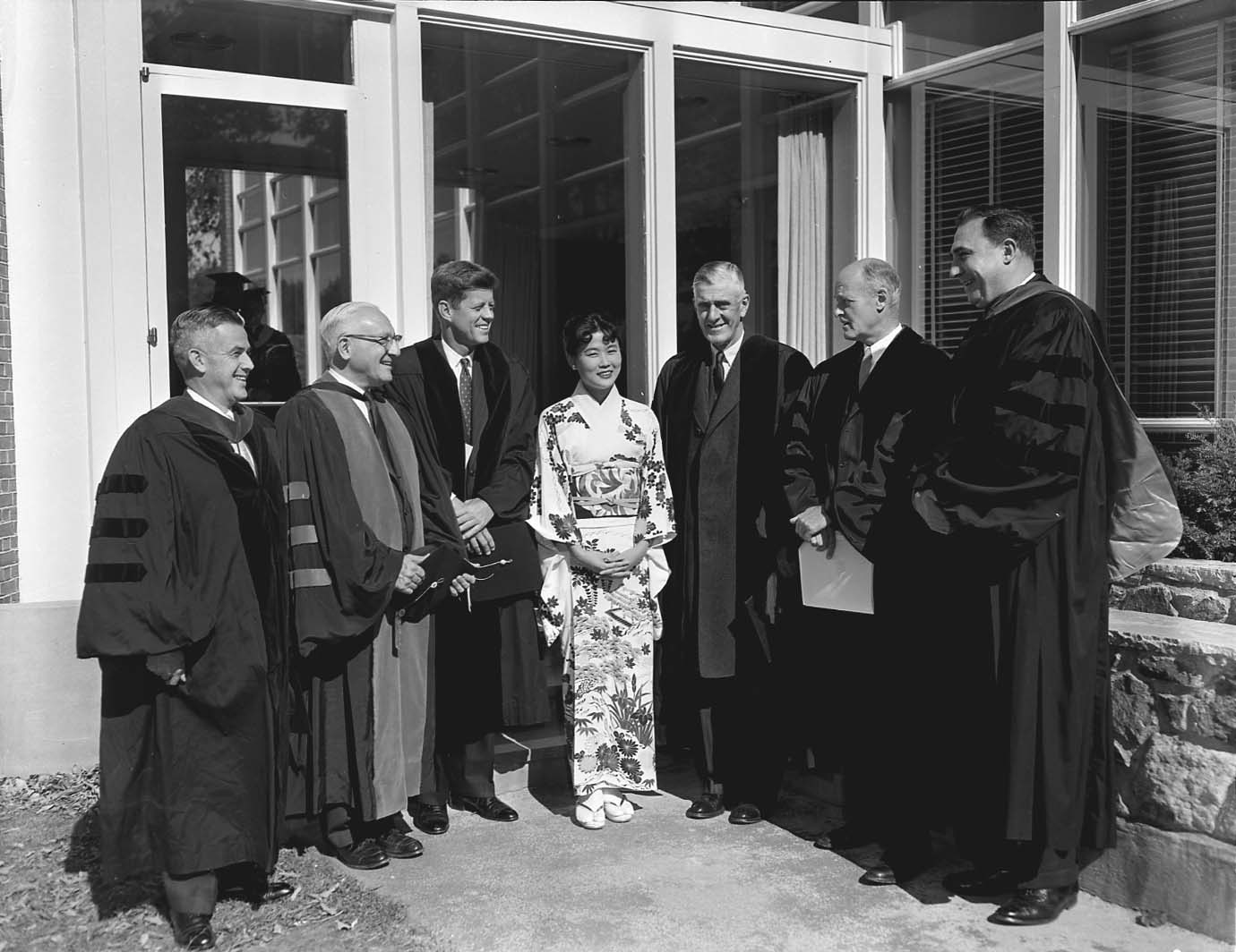 Lawrence Wien, Abram Sachar, John F. Kennedy, Wakako Kimoto Hironaka (from the first class of Wien Scholars) Senator Leverett Saltonstall, George Kennan, Abraham Feinberg.