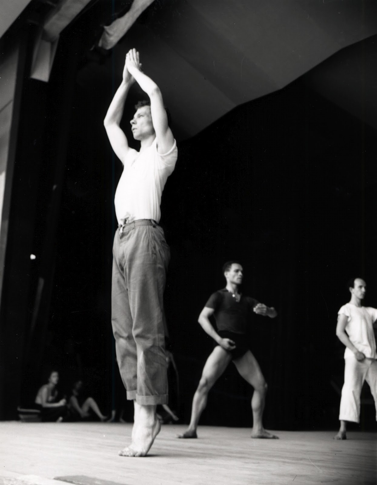 Merce Cunningham on stage with dance company