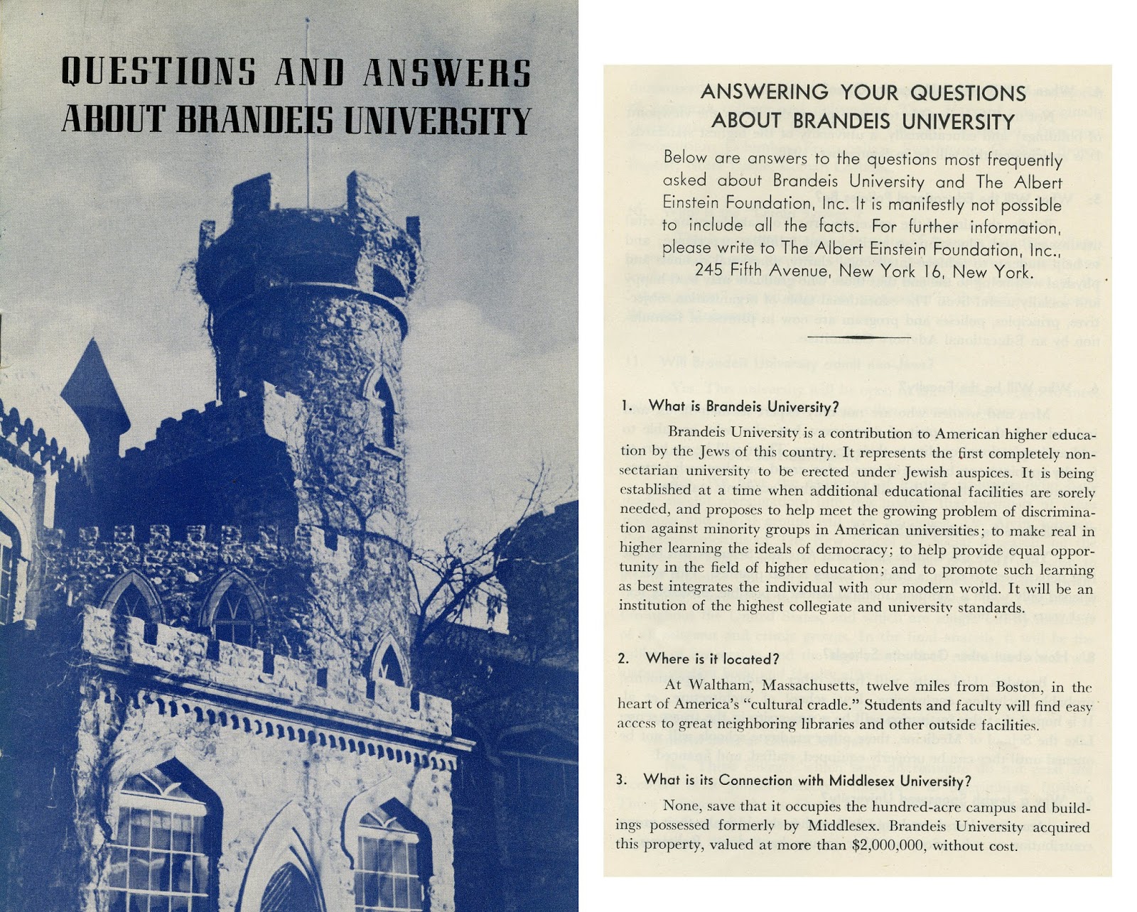 Questions and Answers About Brandeis Brochure c.a. 1948, with photo of Usen Castle on the cover