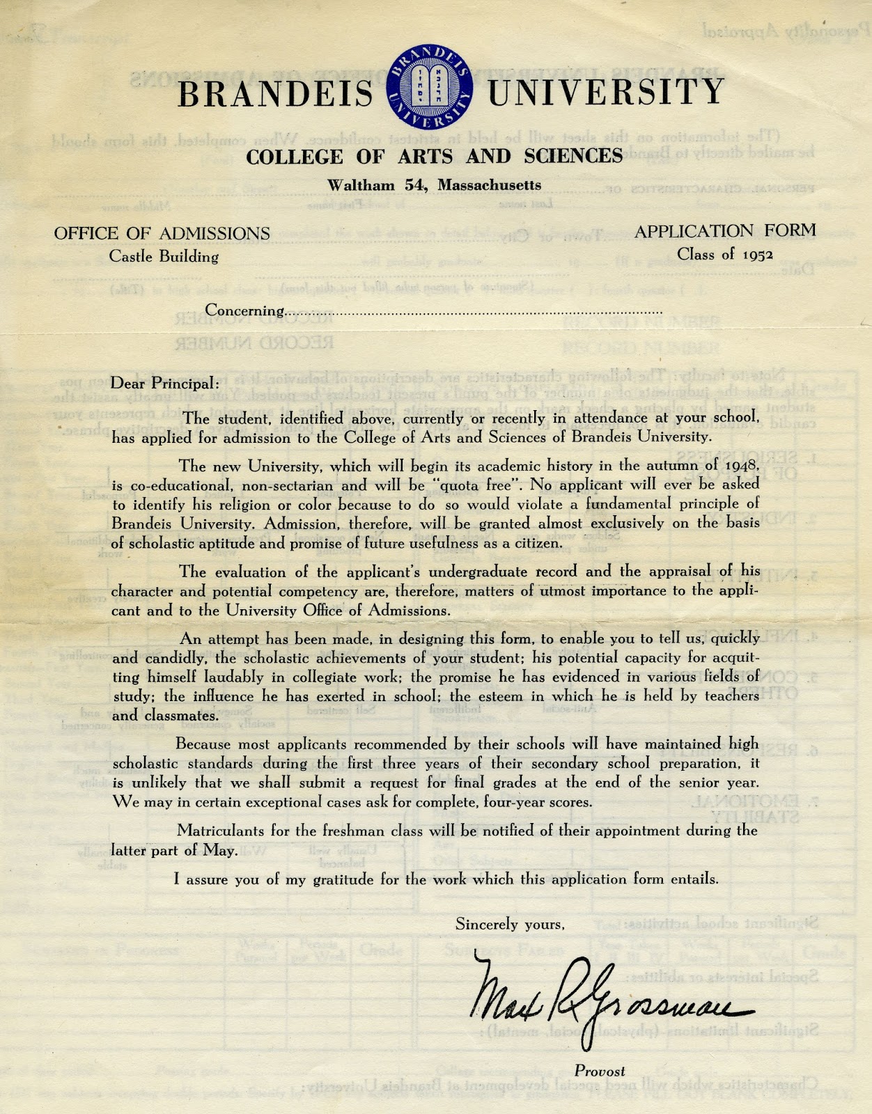 Class of 1952 Application Form Letter