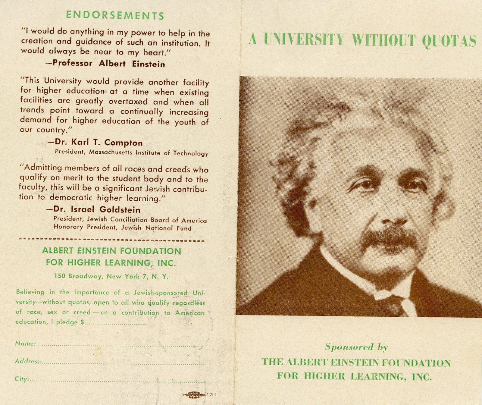 Albert Einstein Foundation Brochure, ca. 1947 with photo of Albert Einstein on the cover