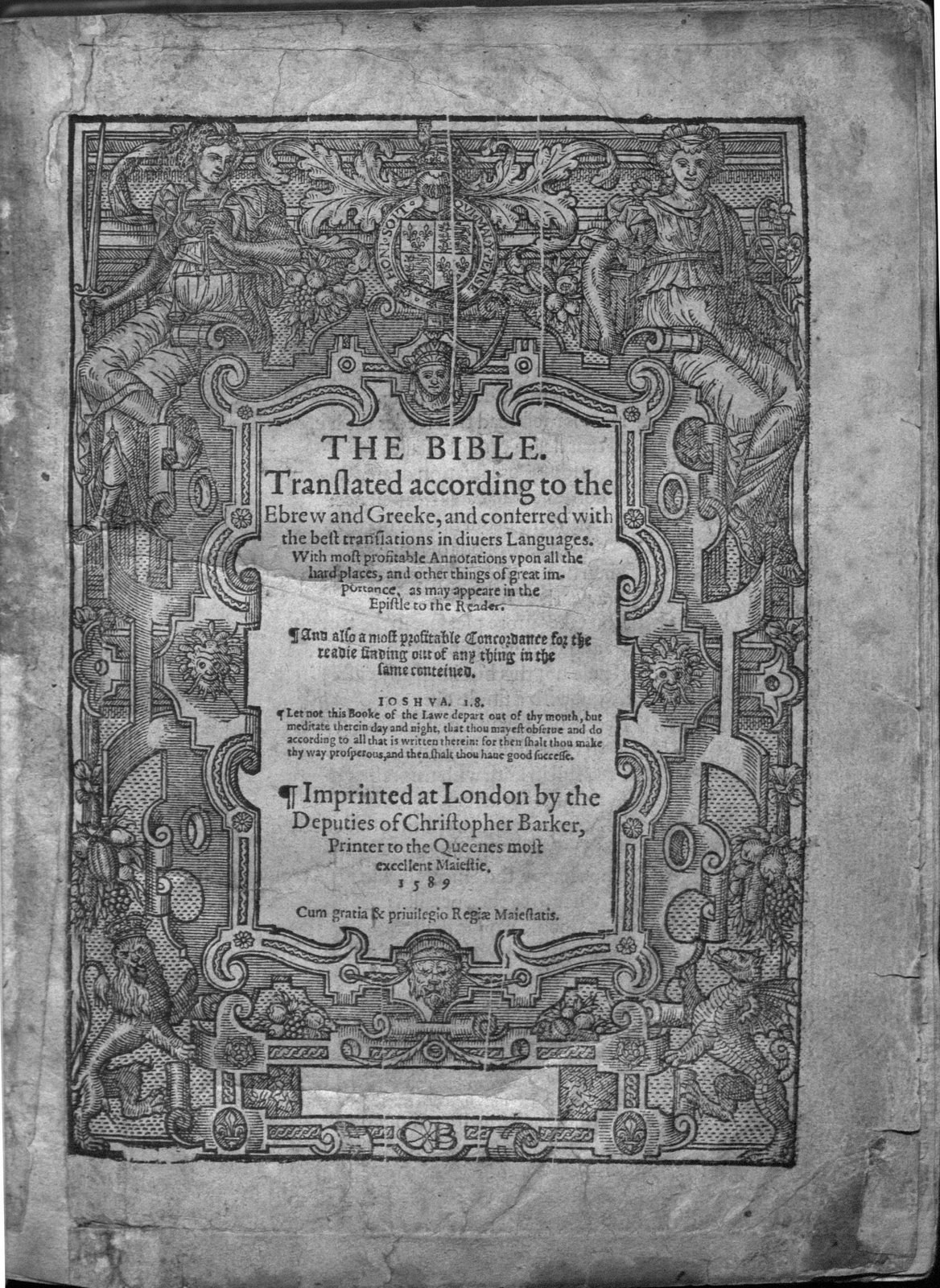 Title page of English Geneva Bible with black and white illustrations of figures sitting alongside a crest