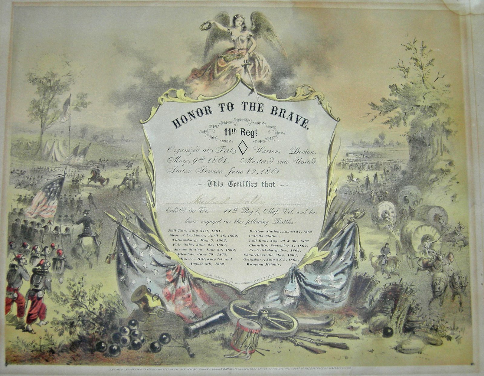 Color certificate that recognizes Michael Lally for his engagement in American Civil War battles from 1861-1863