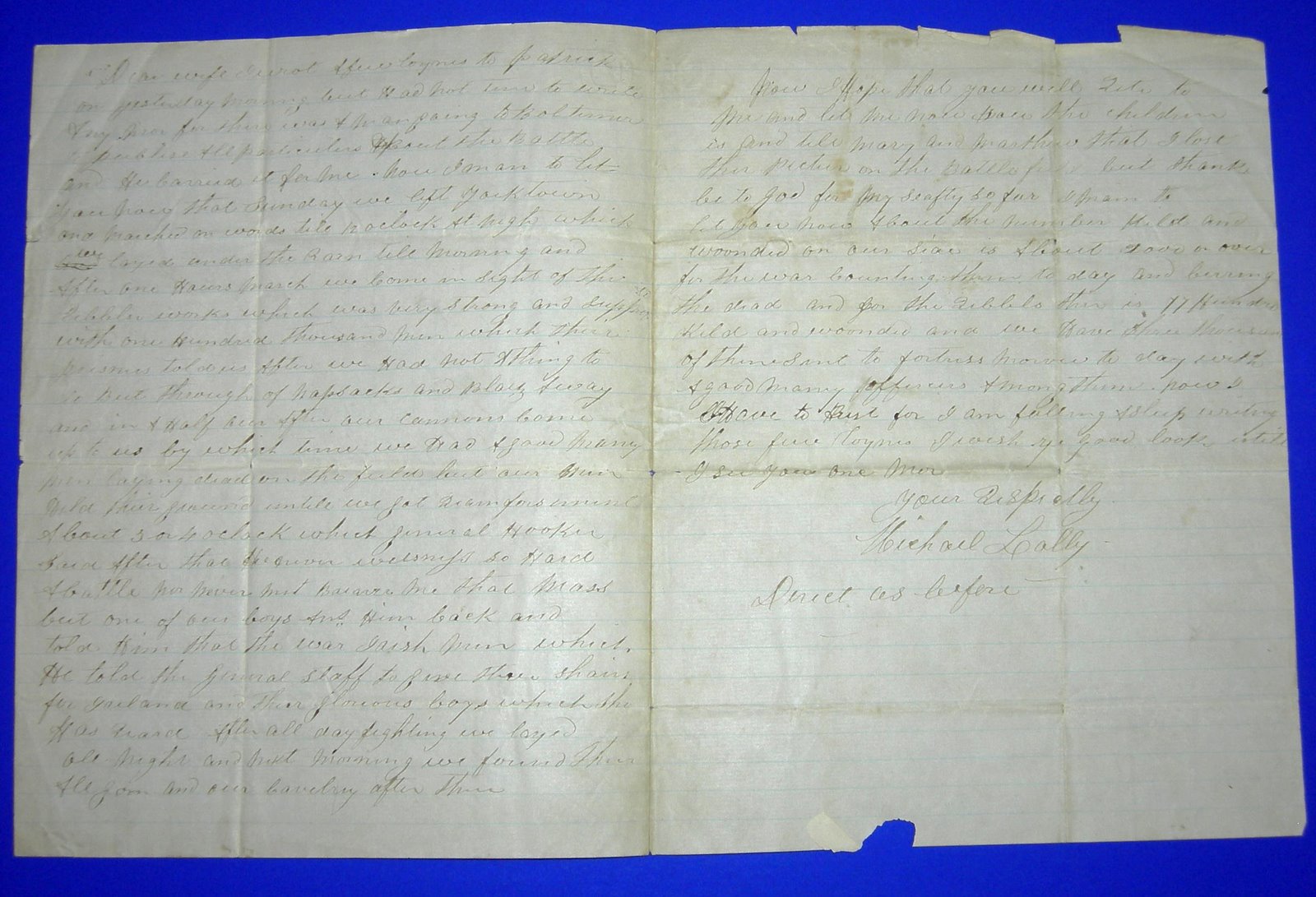 A letter from Michael Lally during his engagement in the American Civil War