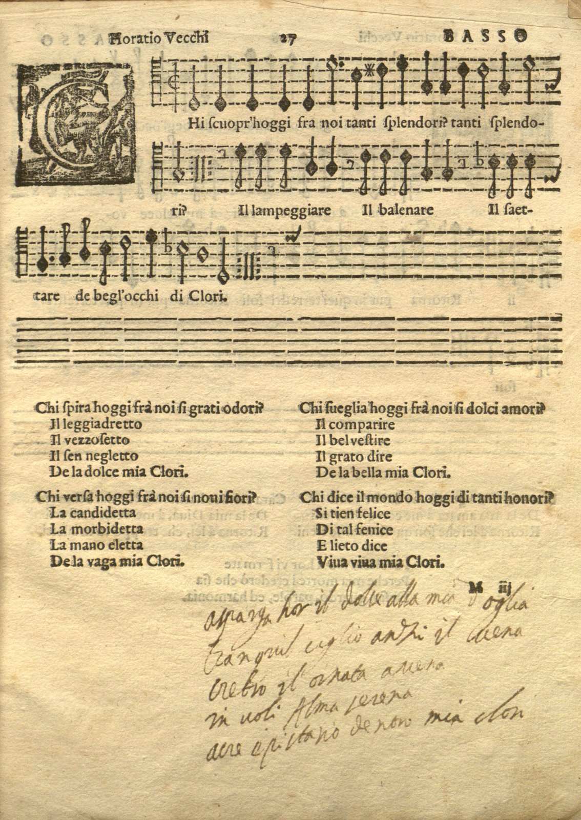 Page from the bass partbook with contemporary annotations to Chi scuopra oggi