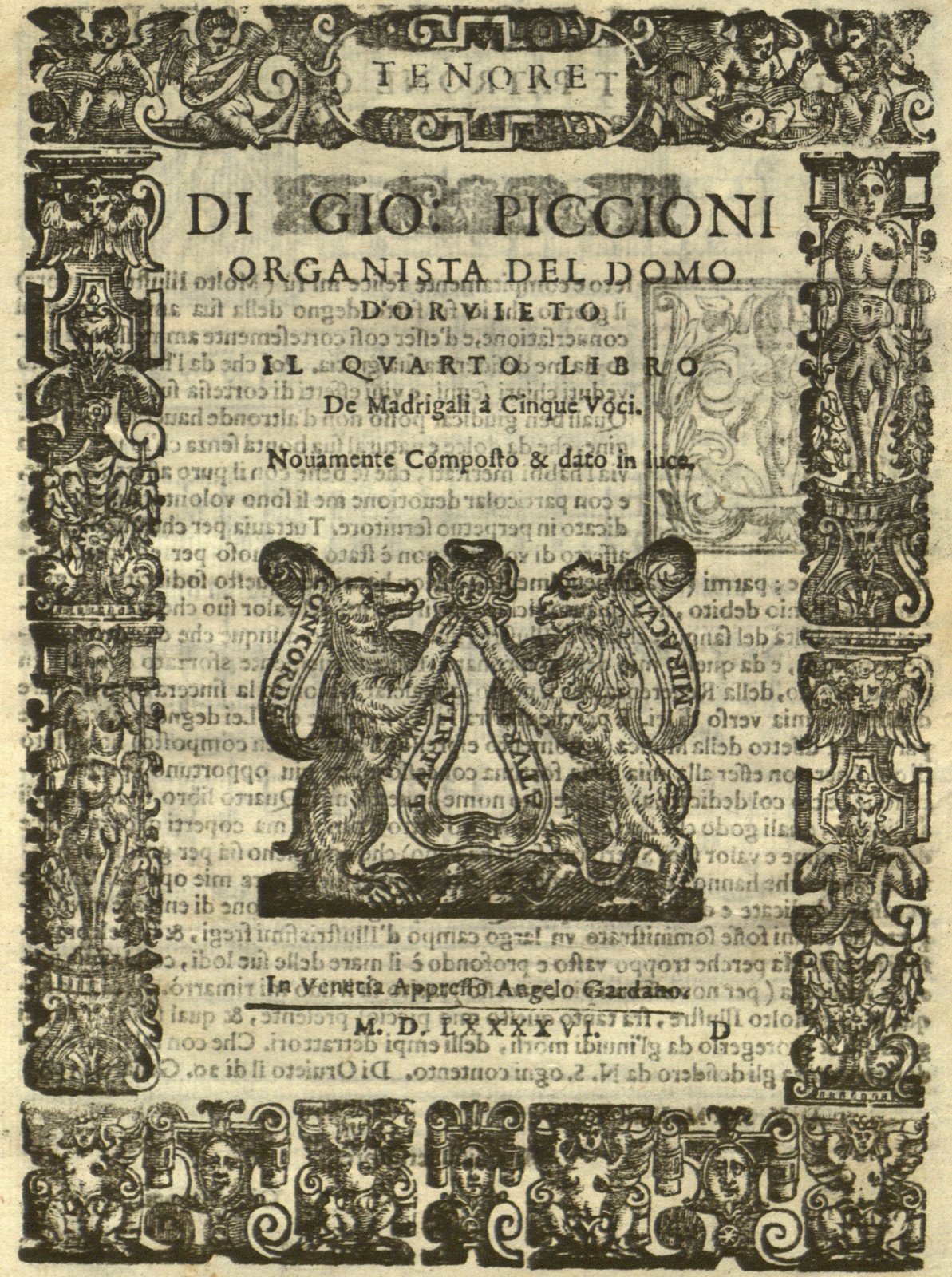Cover page for tenor partbook from Giovanni Piccioni’s Il quarto libro de madrigali à cinque voci