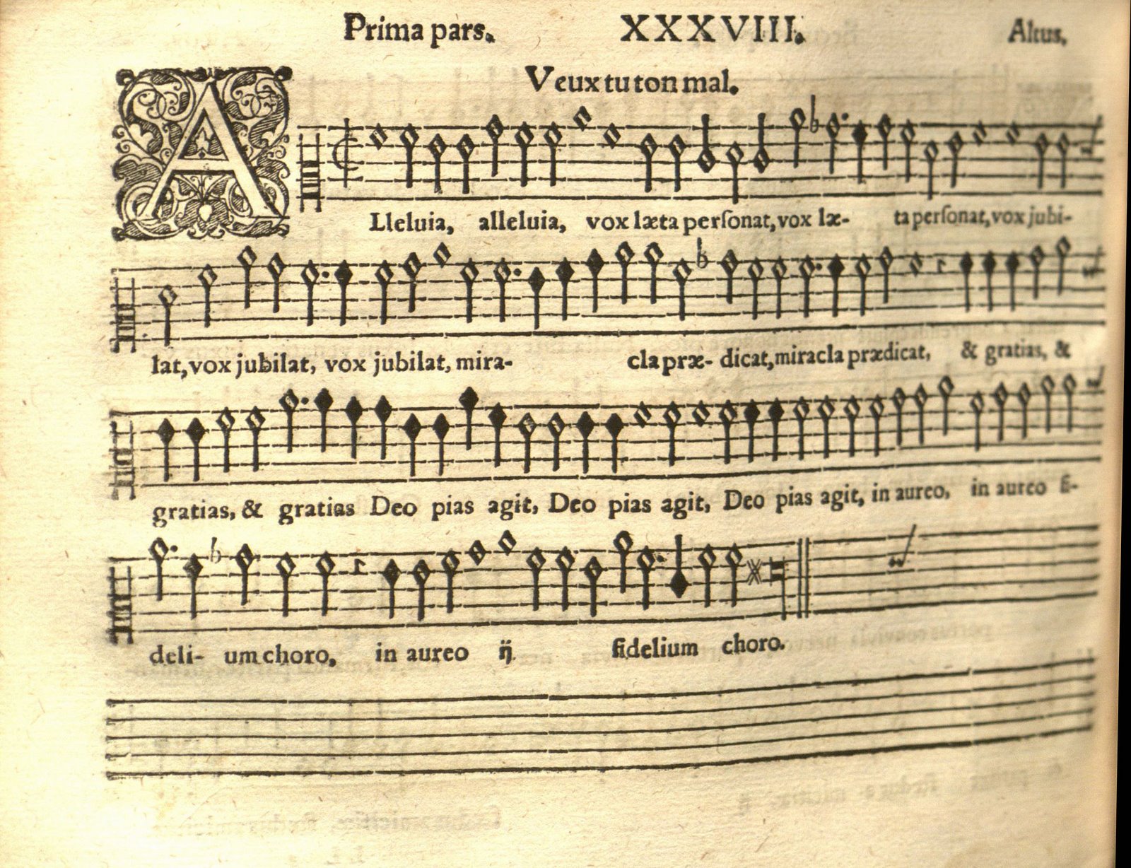 images of pages from these two partbooks showing the Alleluia, vox laeta with its original French title identifying its secular roots.