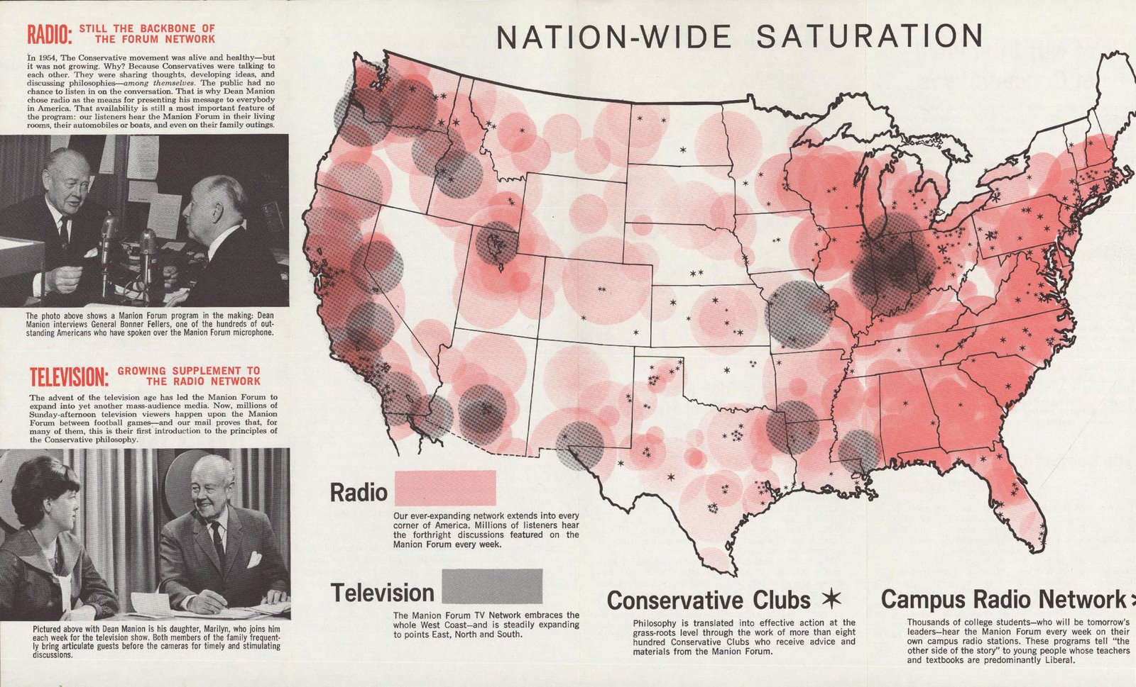 Manion Forum Organization's map of the potential reach of radio, television, conservative clubs, and campus radio networks across the U.S.