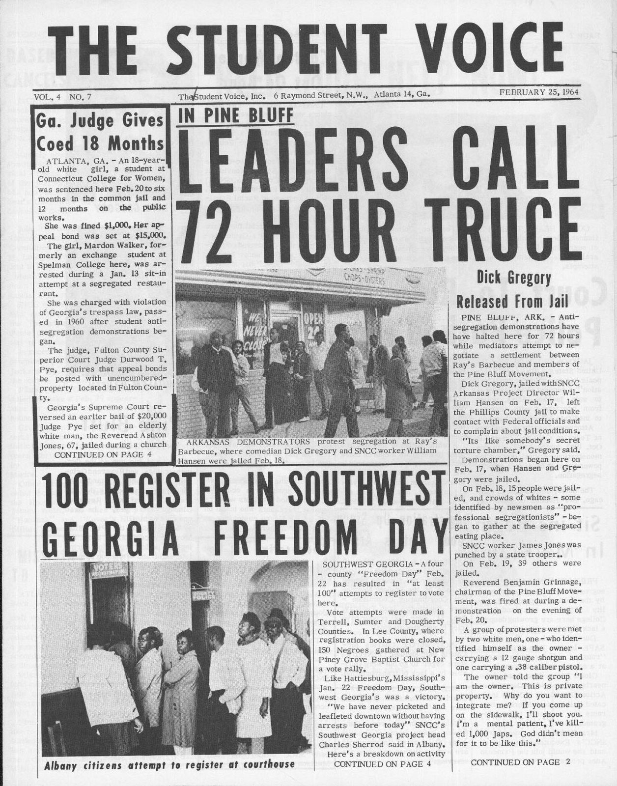Newspaper clipping about segregation protests from February 25, 1964 issue of The Student Voice