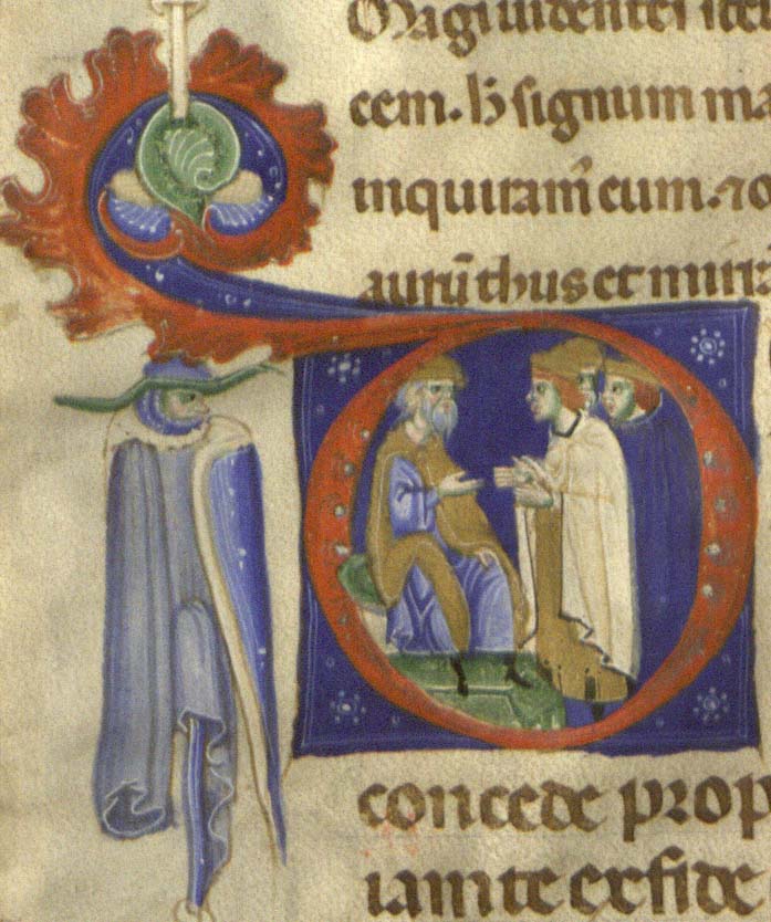 Historiated initial from the 14th-century Italian edition of the Breviary with colorful illustration of three cloaked men