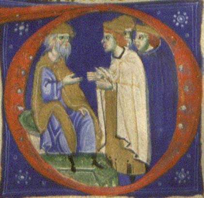 Historiated initial from the 14th-century Italian edition of the Breviary with colorful illustration of cloaked men speaking to one another