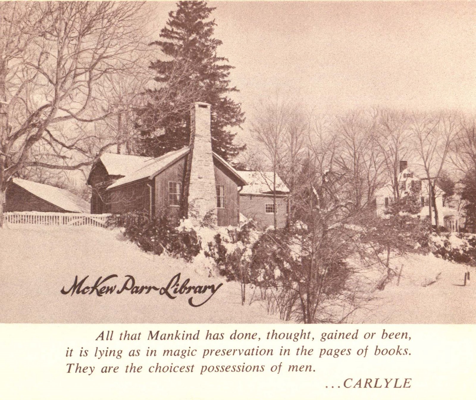 Photograph of McKew Parr Library exterior with an accompanying quote from Carlyle