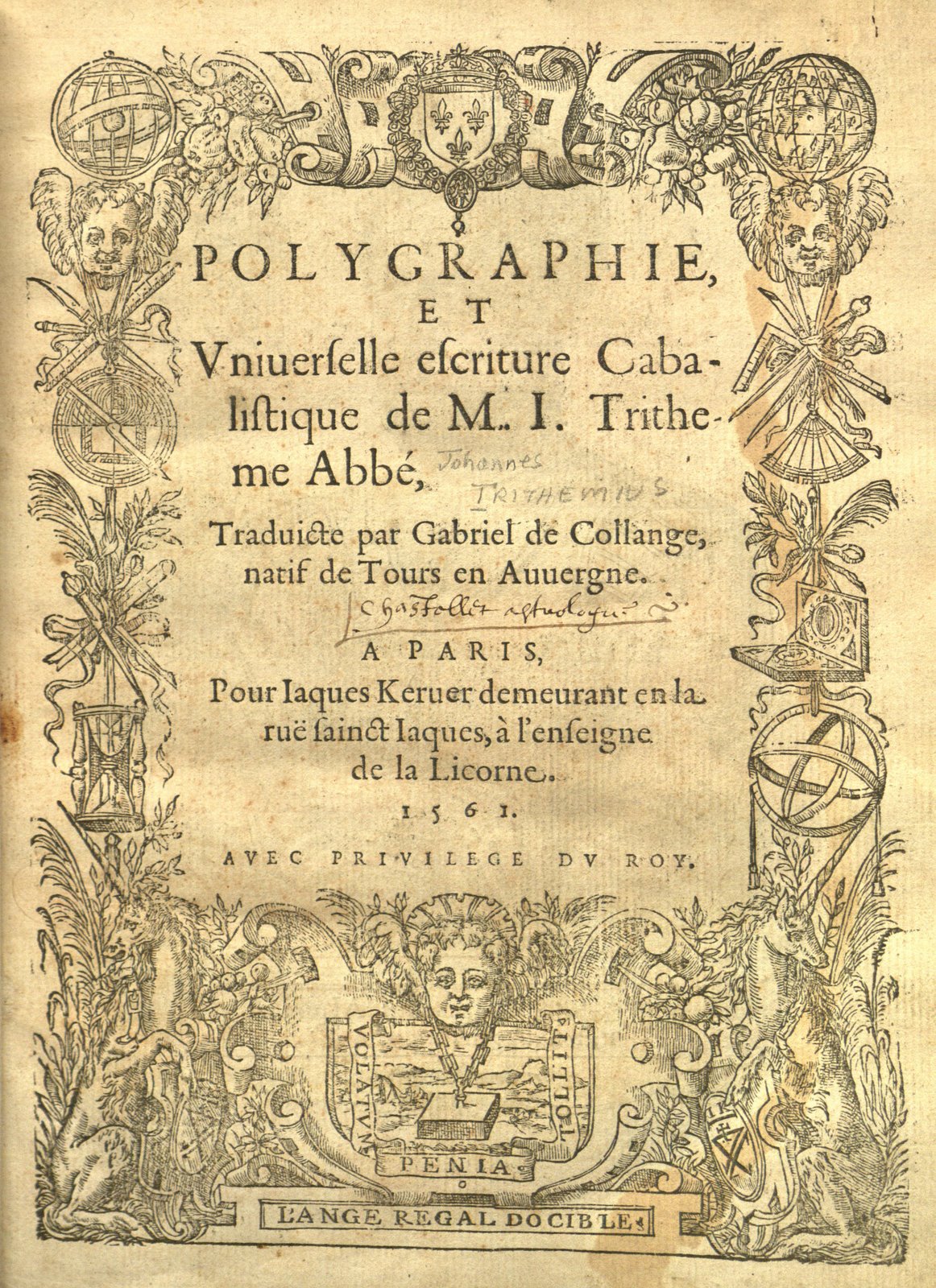 Title page of Polygraphie, et Universelle Es criture Cabalistique de M.I. Tritheme Abbé by Trithemius