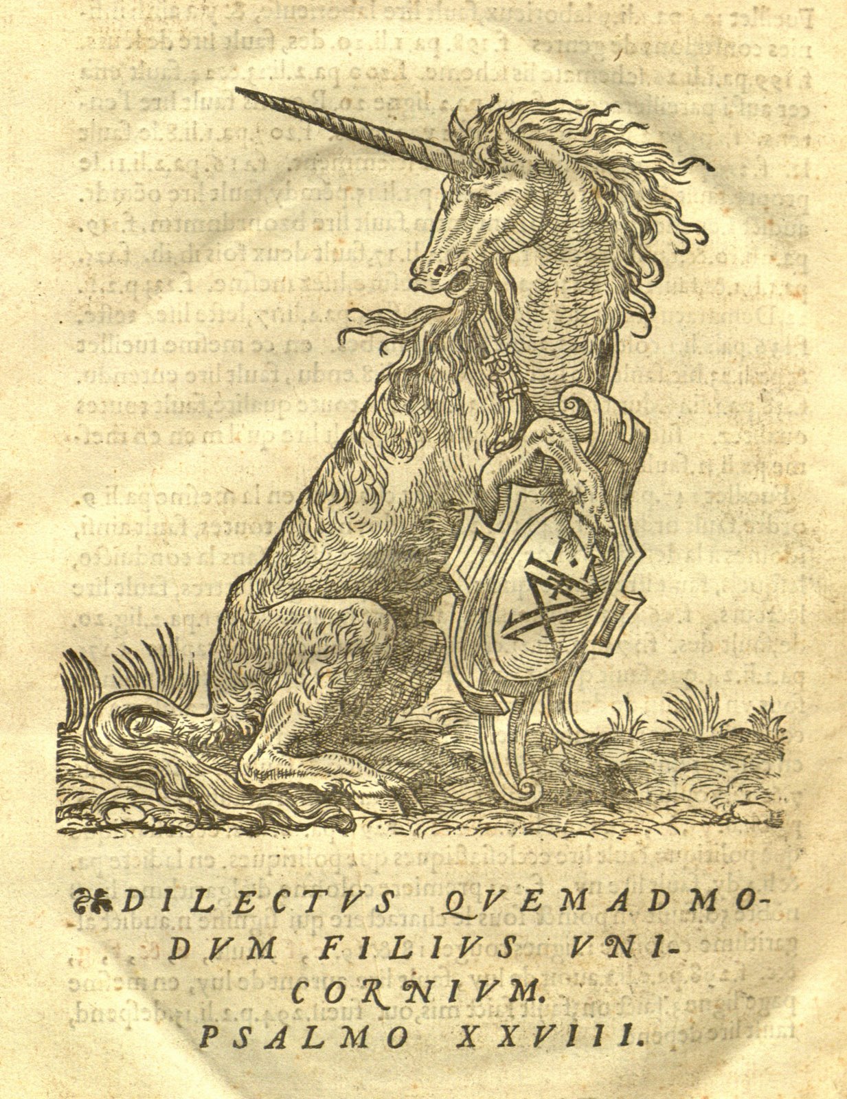The colophon which includes a large engraving of a unicorn clutching an escutcheon, under which is the enigmatic Biblical motto Dilectus quemadmodum filius unicornium. Psalmo XXVIII. 