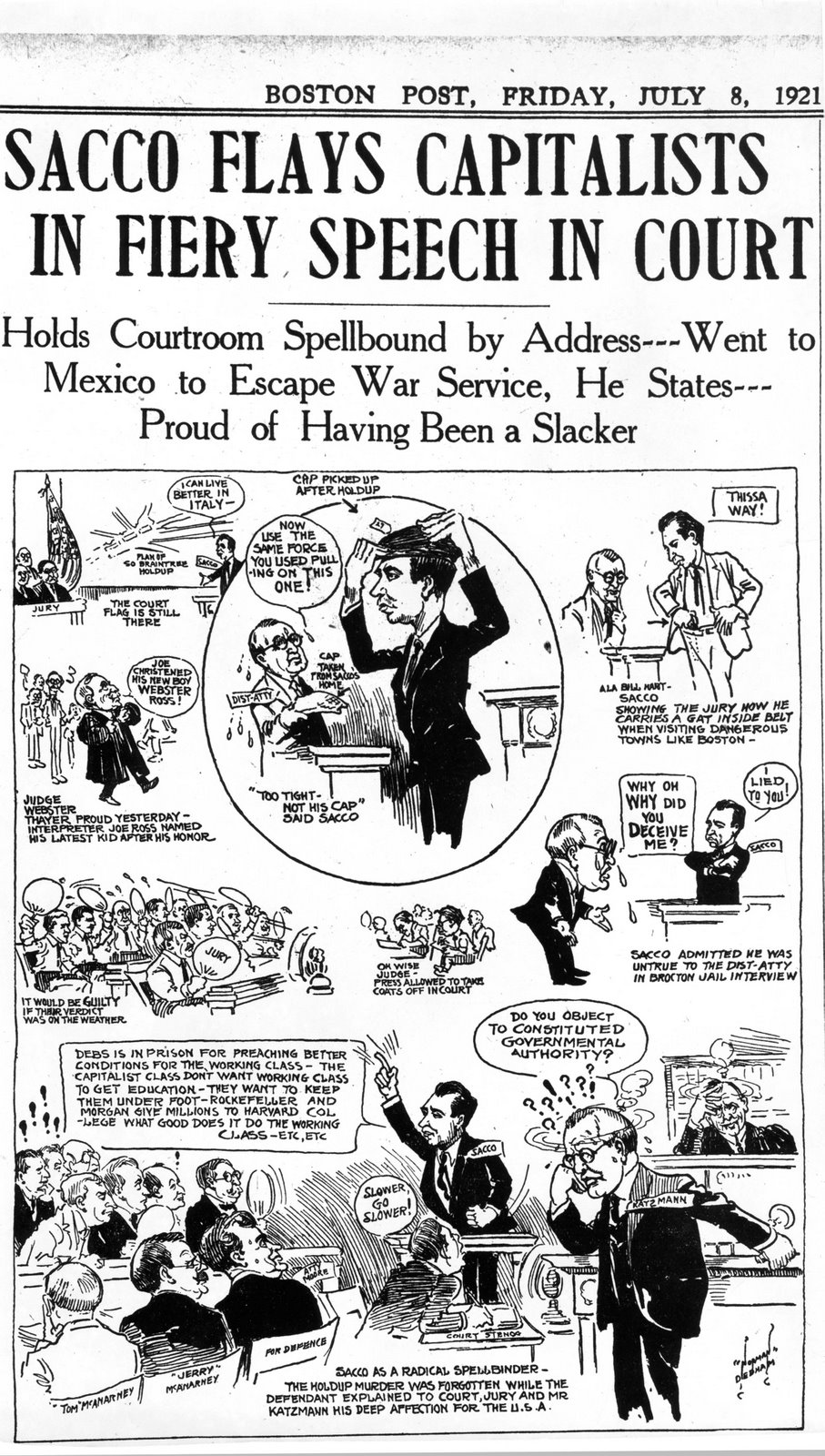 July 8, 1921 Boston Post newspaper cartoon of Sacco's court address