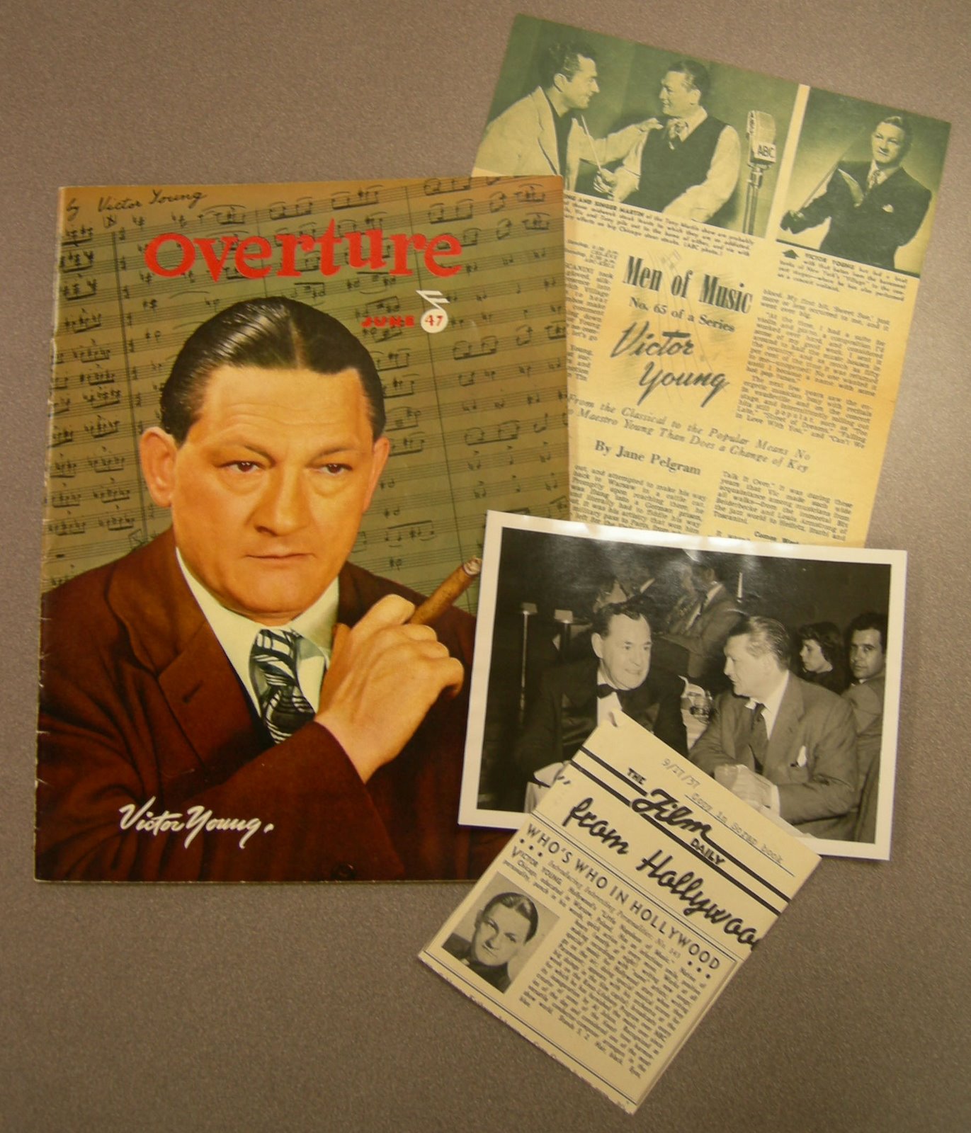 Newspaper clippings and a photograph of Victor Young circa 1937