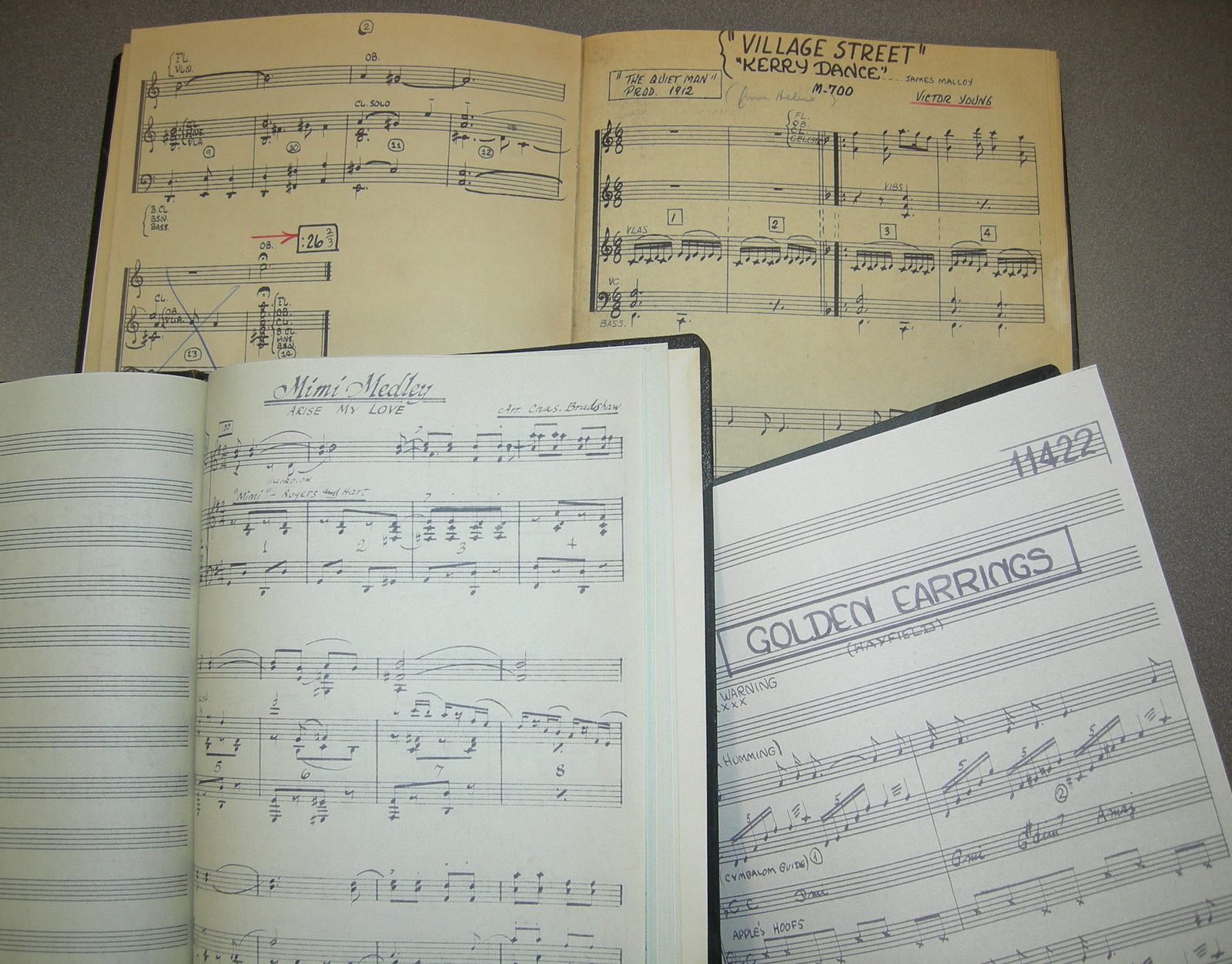 Music sheets by Victor Young for "Village Street," "Mimi Medley," and "Golden Earrings" 