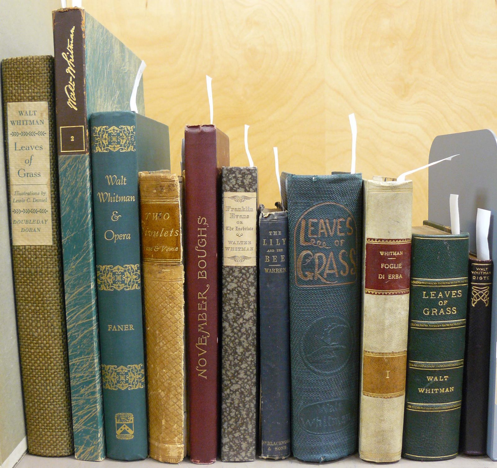 Spines of Walt Whitman books on a bookshelf 