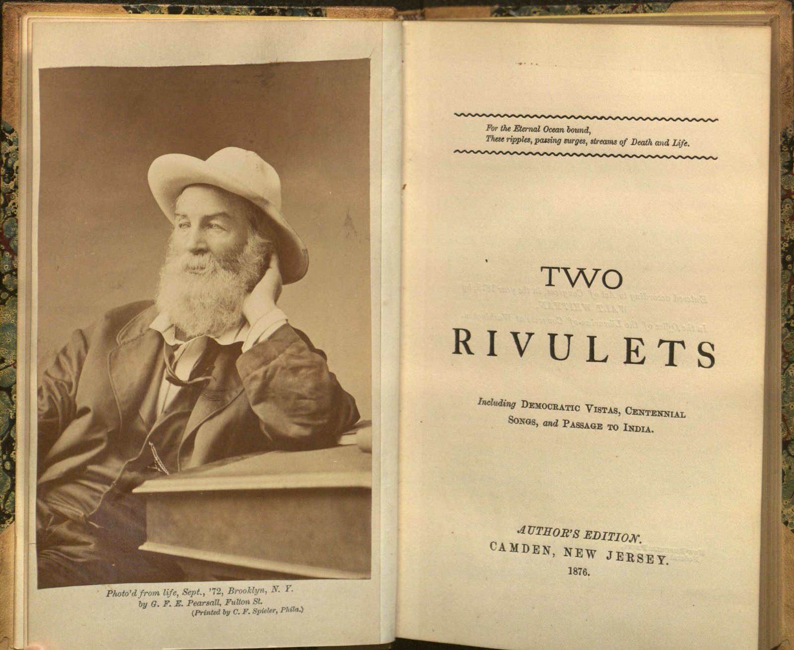 Title pages of Two Rivulets featuring a photograph of the author on the left page