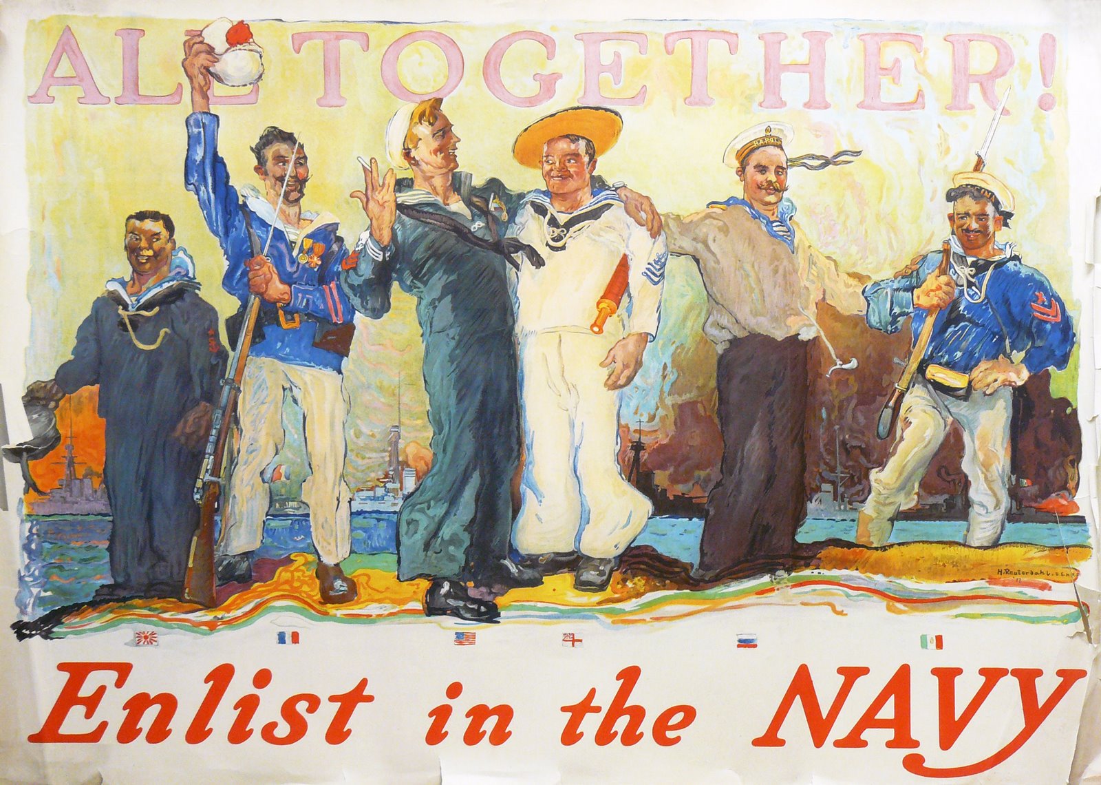 Illustration of various Navy men standing together, text: All together! Enlist in the Navy