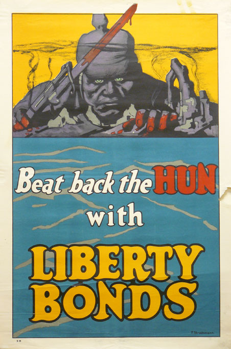 US propaganda for Liberty Bonds that supported Allied causes in World War I. Text reads: Beat Back the Hun with Liberty Bonds