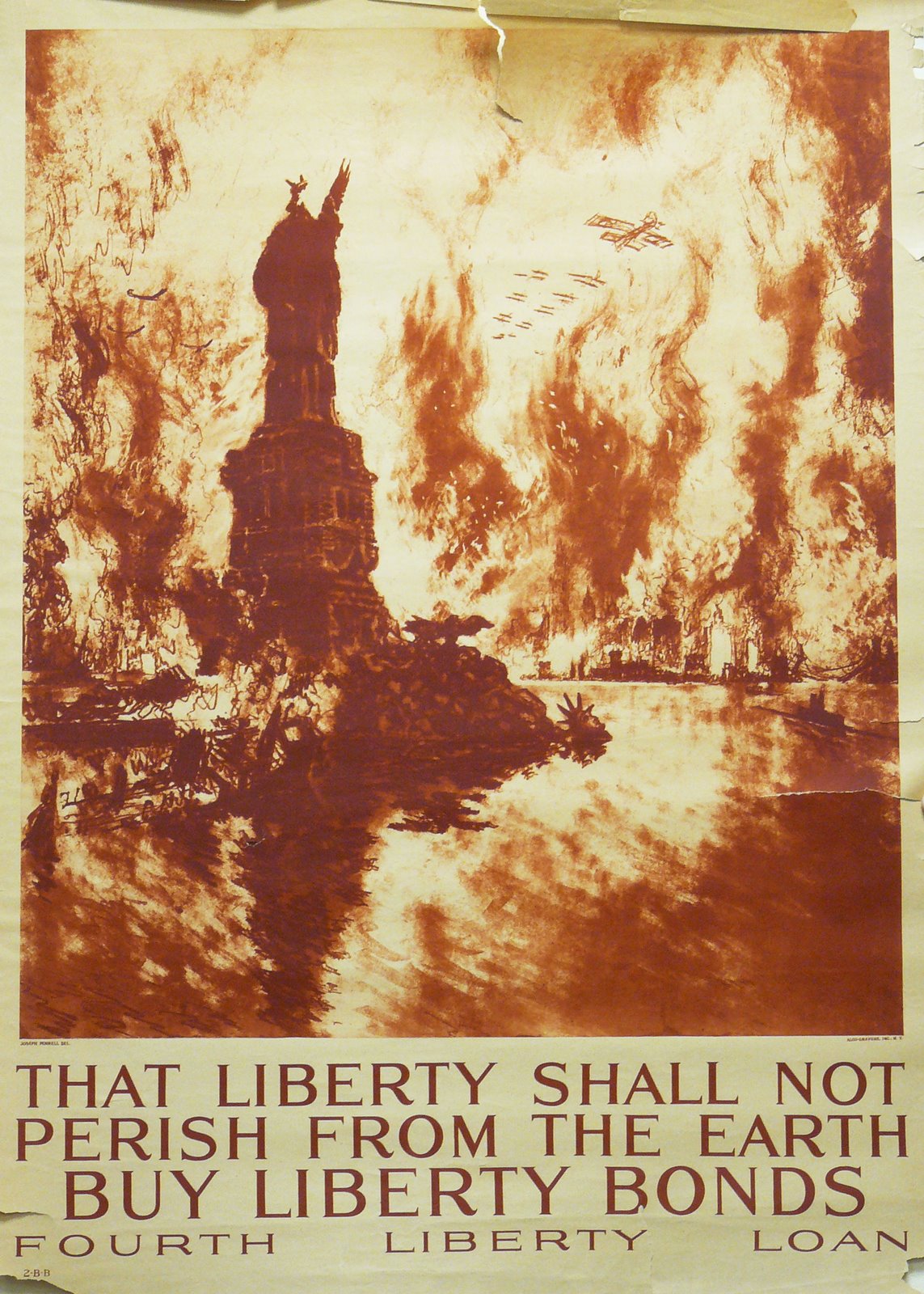 A beheaded Liberty statues consumed by a background of fire, text: THAT LIBERTY SHALL NOT PERISH FROM THE EARTH BUY LIBERTY BONDS FOURTH LIBERTY LOAN