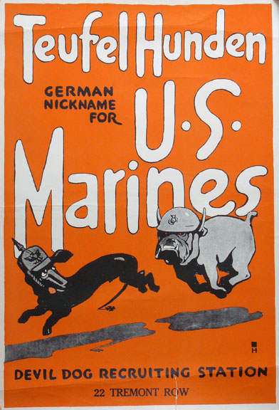 Illustration of two hopping dogs, a bulldog and a dachshund, text: Teufel Hunuden German NIckname for U.S. Marines Devil Dog Recruiting Station