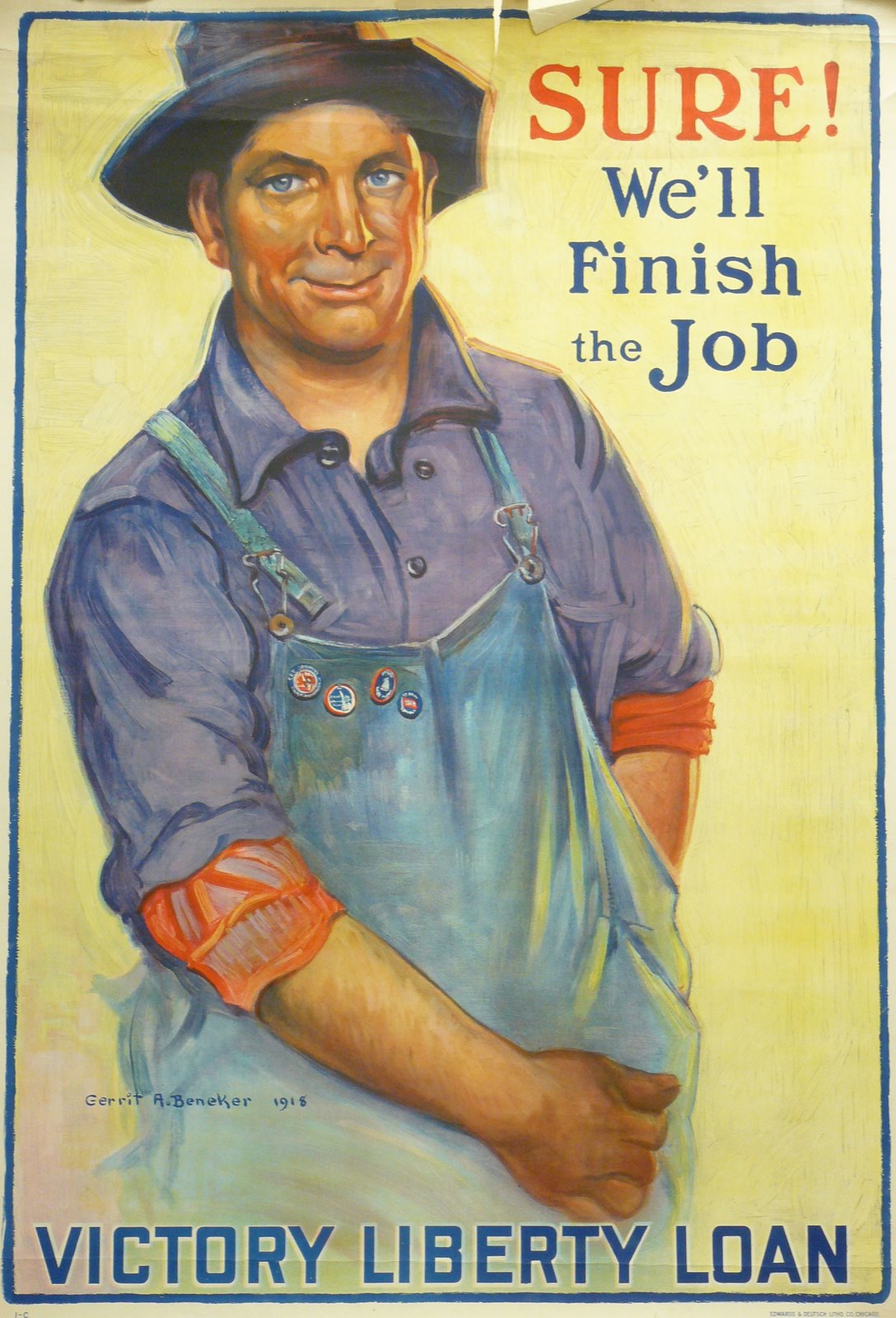 Illustration of a man in overalls reaching into his pocket, text: Sure! We'll finish the Job, Victory Liberty Loan