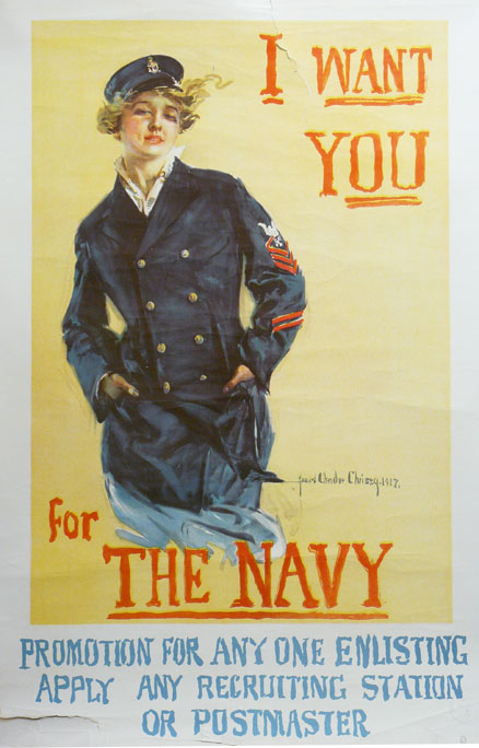 Poster of person in Navy coat and hat posing amidst a yellow background, text: I want you for the Navy Promotion for Any One Enlisting Apply Any Recruiting Station or Postmaster