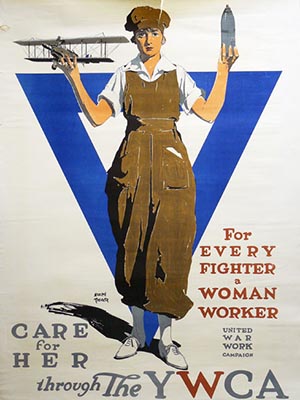 US propaganda for charitable organization YWCA during World War I. Poster text reads: For every fighter a woman worker. Care or her through the  YWCA