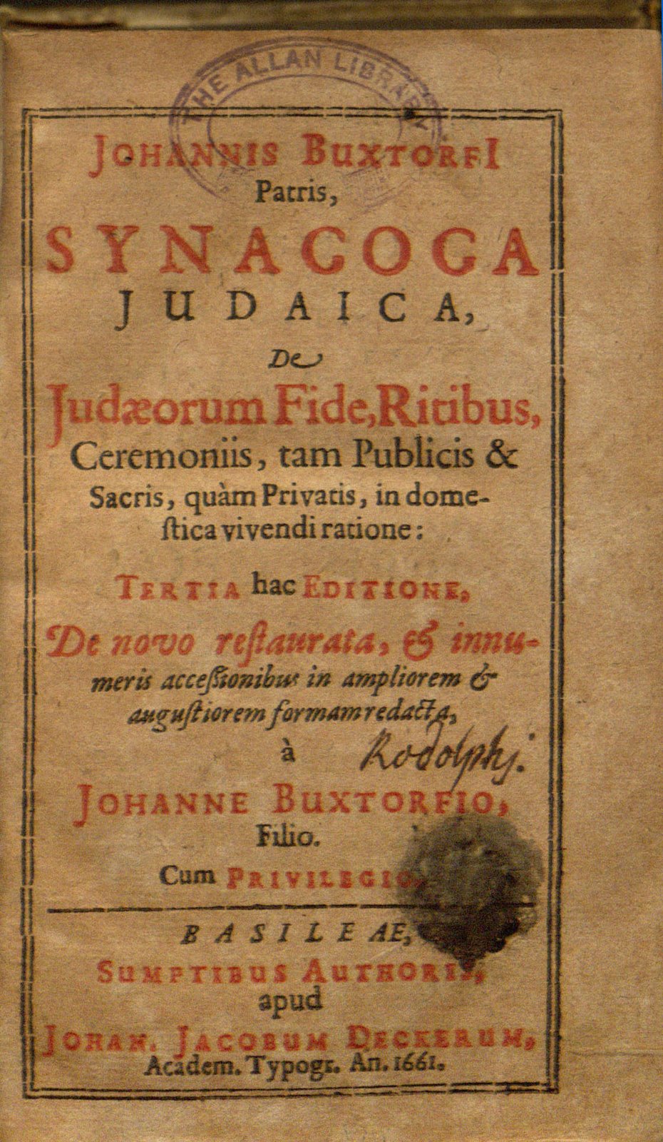 Title page of Synagoga Judaica by Johannis Buxtorfi